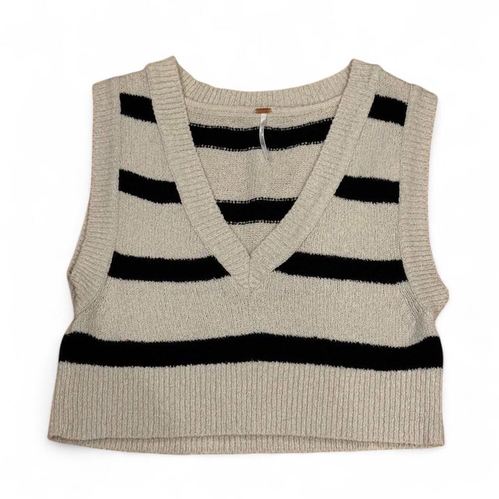 Free People Santa Monica cropped sweater vest in cream with black stripes, size